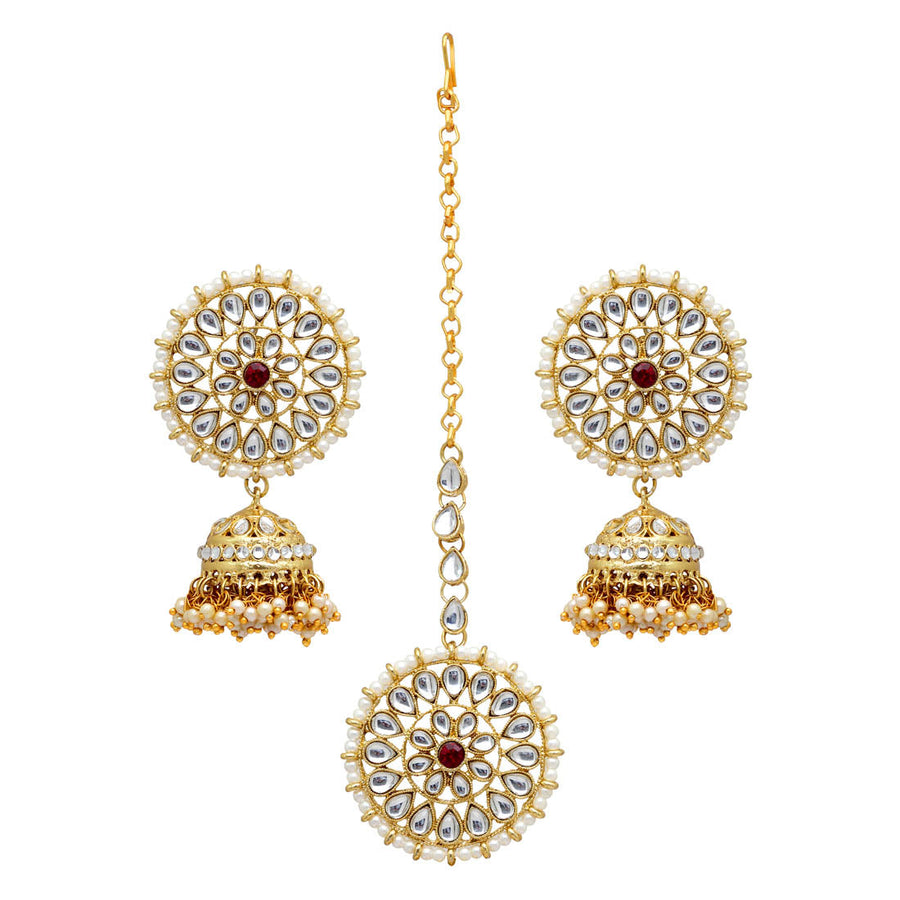 Maroon Color Kundan Earrings With Maang Tikka (KDTE108MRN)