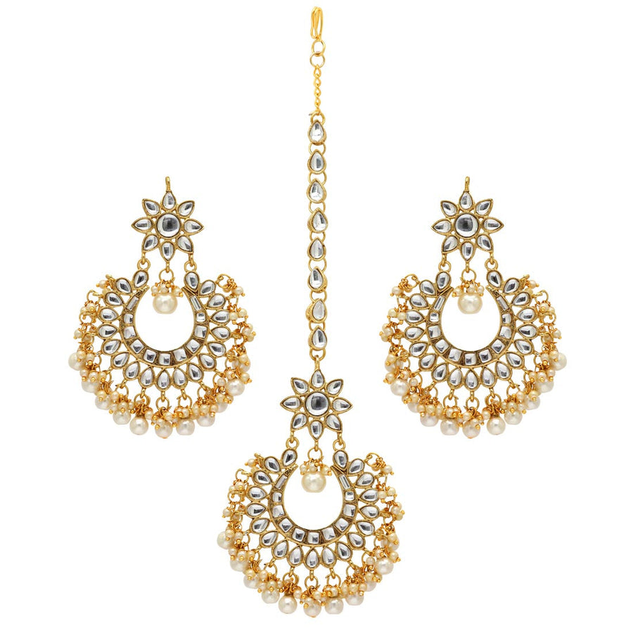 White Color Imitation Peral Kundan Earrings With Maang Tikka (KDTE20WHT)