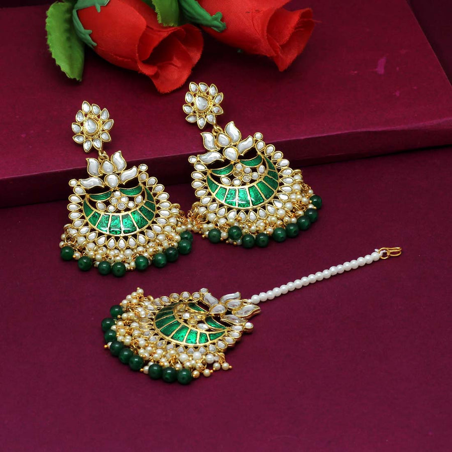 Green Color Kundan Meena Earrings With Maang Tikka (KDTE241GRN)