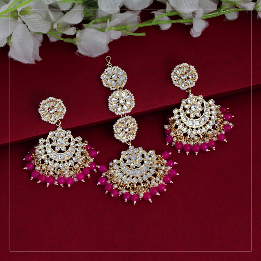 Rani Color Kundan Earrings With Maang Tikka (KDTE300RNI)