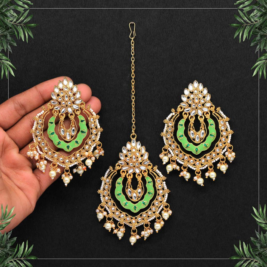 Parrot Green Color Meenakari Kundan Earrings With Maang Tikka (KDTE439PGRN)
