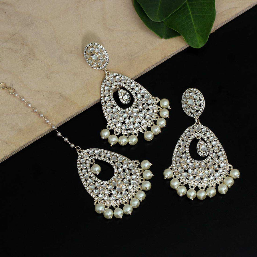 White Color American Diamond Earring Tikka Set (KDTE449WHT)