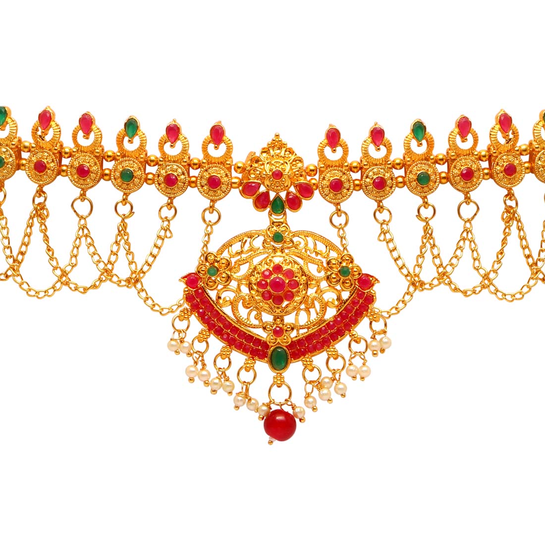 Maroon & Green Color Glass Stone Kamarband (KMBND326MG)
