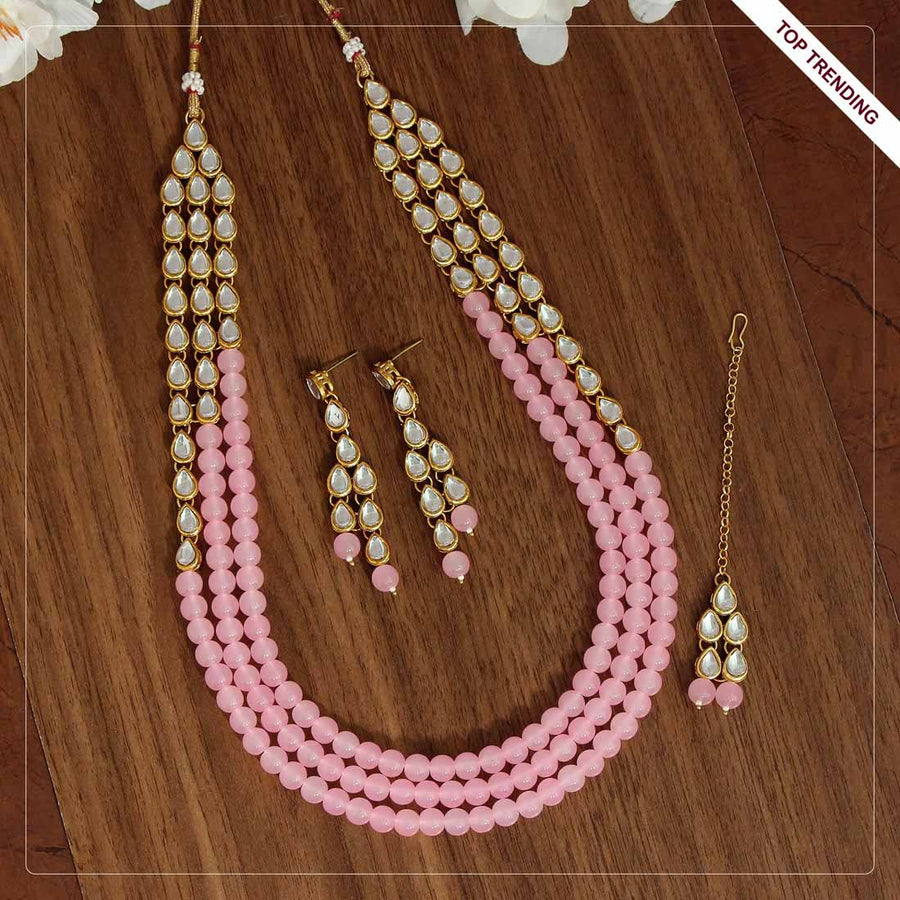Pink Color Necklace With Earrings (KN1001PNK)