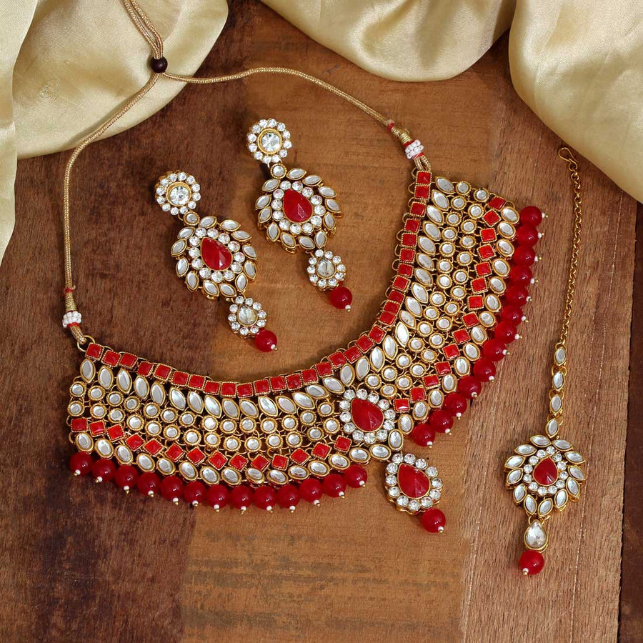 Red Color Kundan Necklace With Earrings (KN1006RED)
