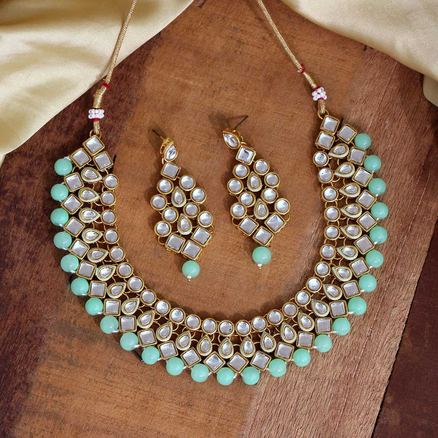 Pista Green Color Kundan Necklace With Earrings (KN1008PGRN)