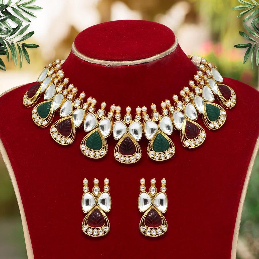 Maroon & Green Color Kundan Necklace With Earrings (KN1012MG)