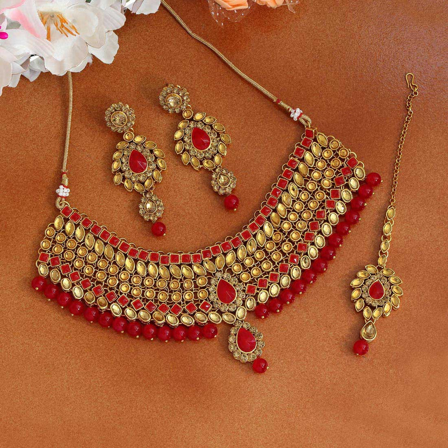 Gold & Red Color Kundan Necklace Set (KN1016GLDRED)