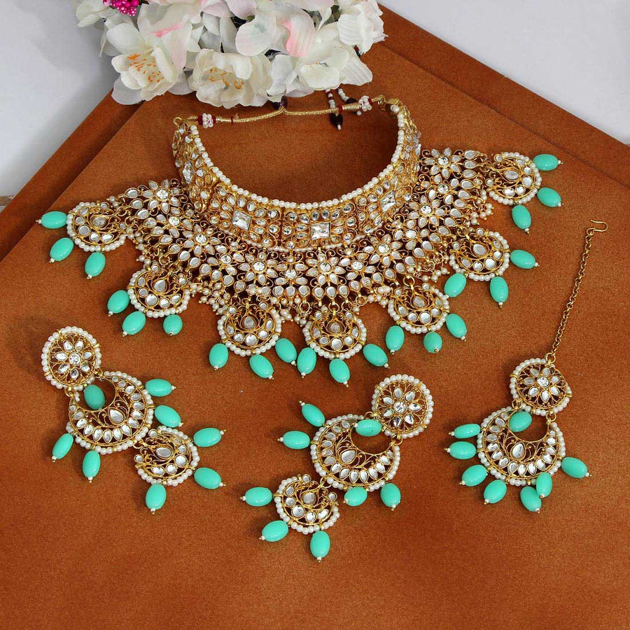 Rama Green Color Kundan Choker Necklace Set (KN1018RGRN)