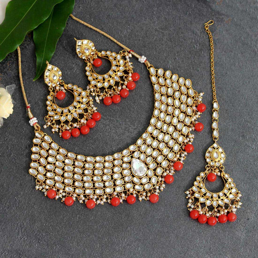 Orange Color Kundan Necklace With Earrings & Maang Tikka (KN1046ORG)