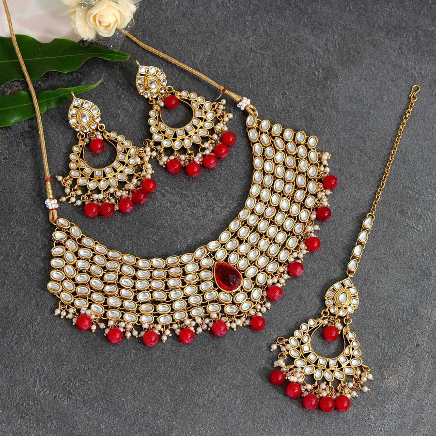 Red Color Kundan Necklace With Earrings & Maang Tikka (KN1046RED)