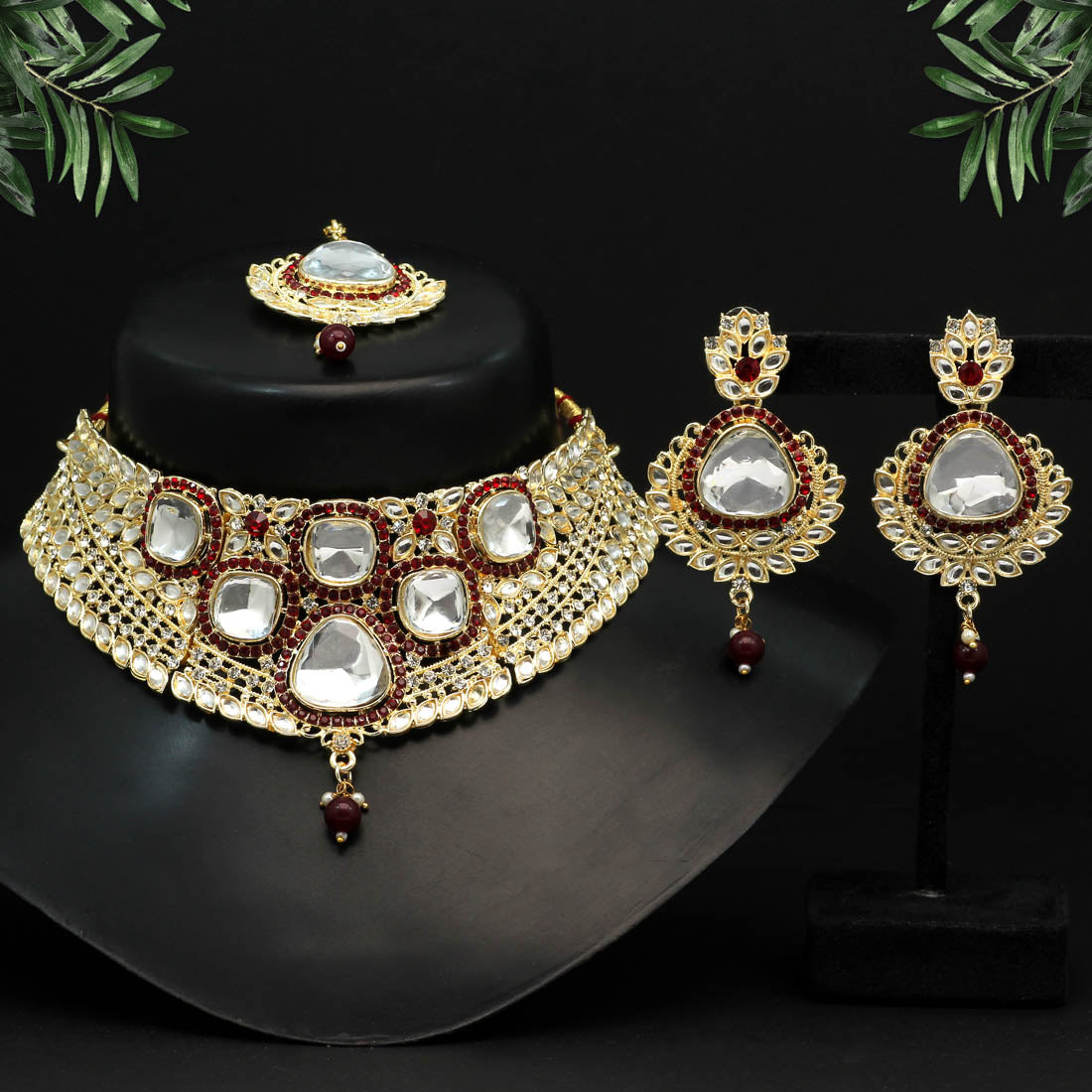 Maroon Color Choker Kundan Necklace Set (KN1124MRN)