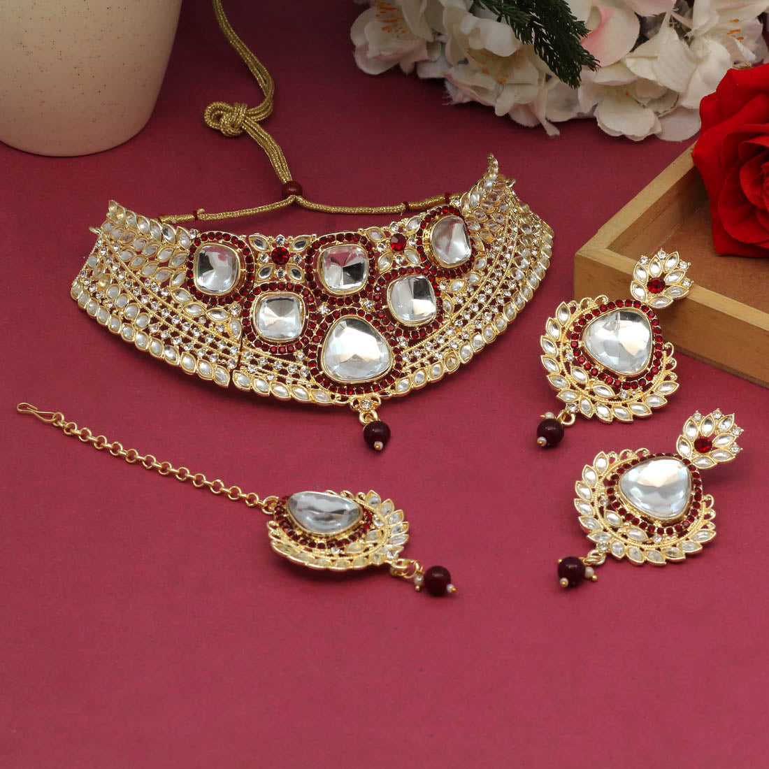 Maroon Color Choker Kundan Necklace Set (KN1124MRN)