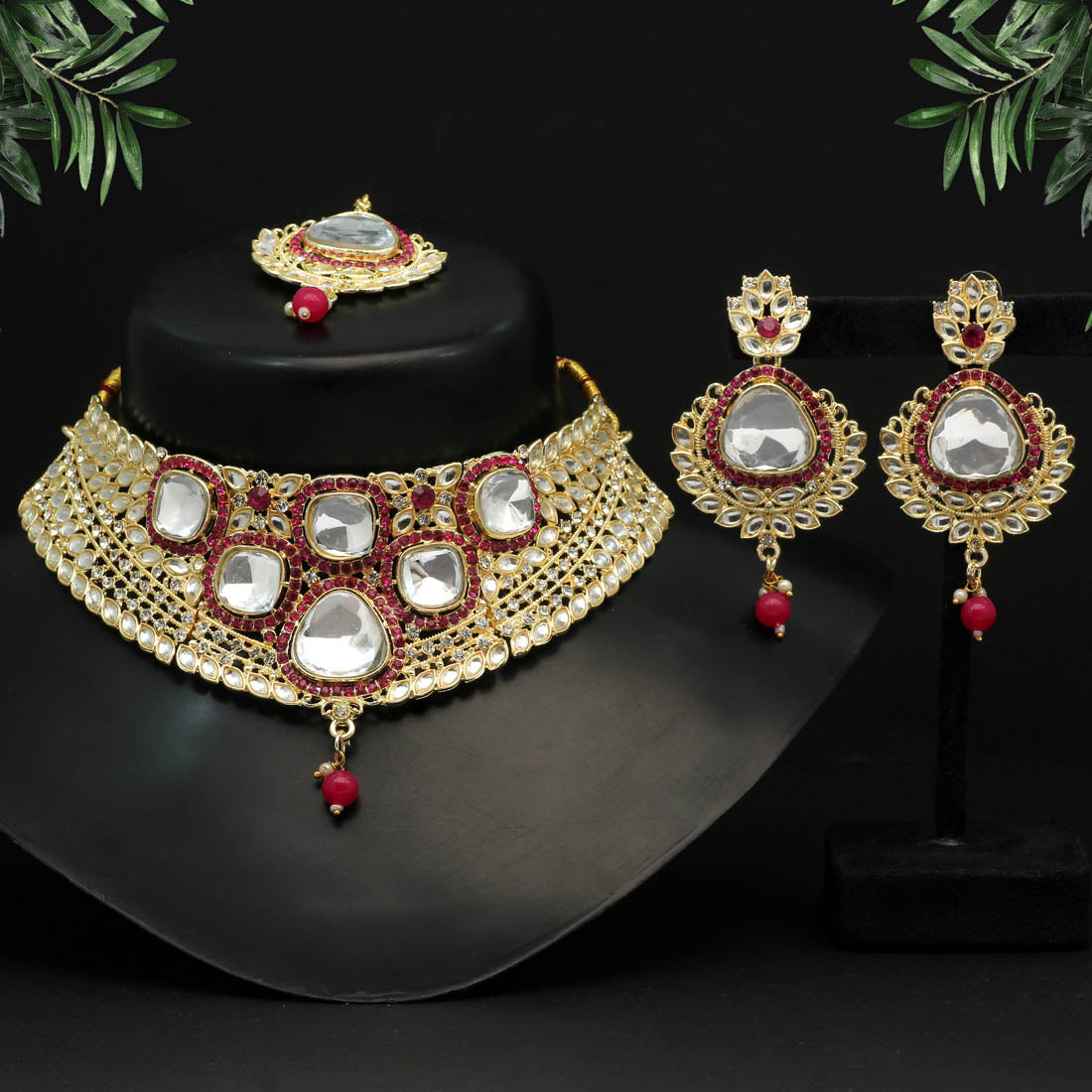 Rani Color Choker Kundan Necklace Set (KN1124RNI)