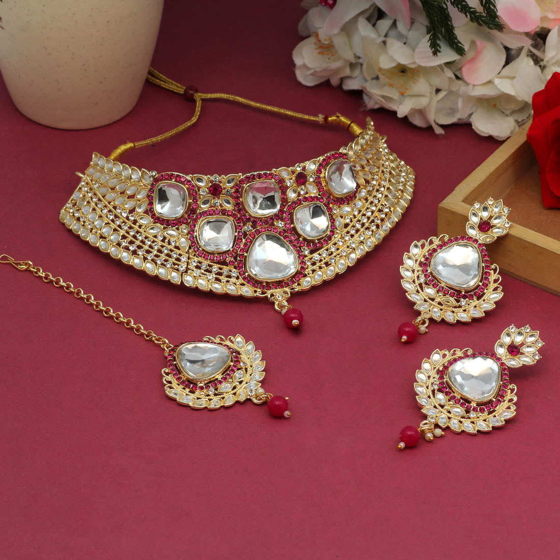 Rani Color Choker Kundan Necklace Set (KN1124RNI)