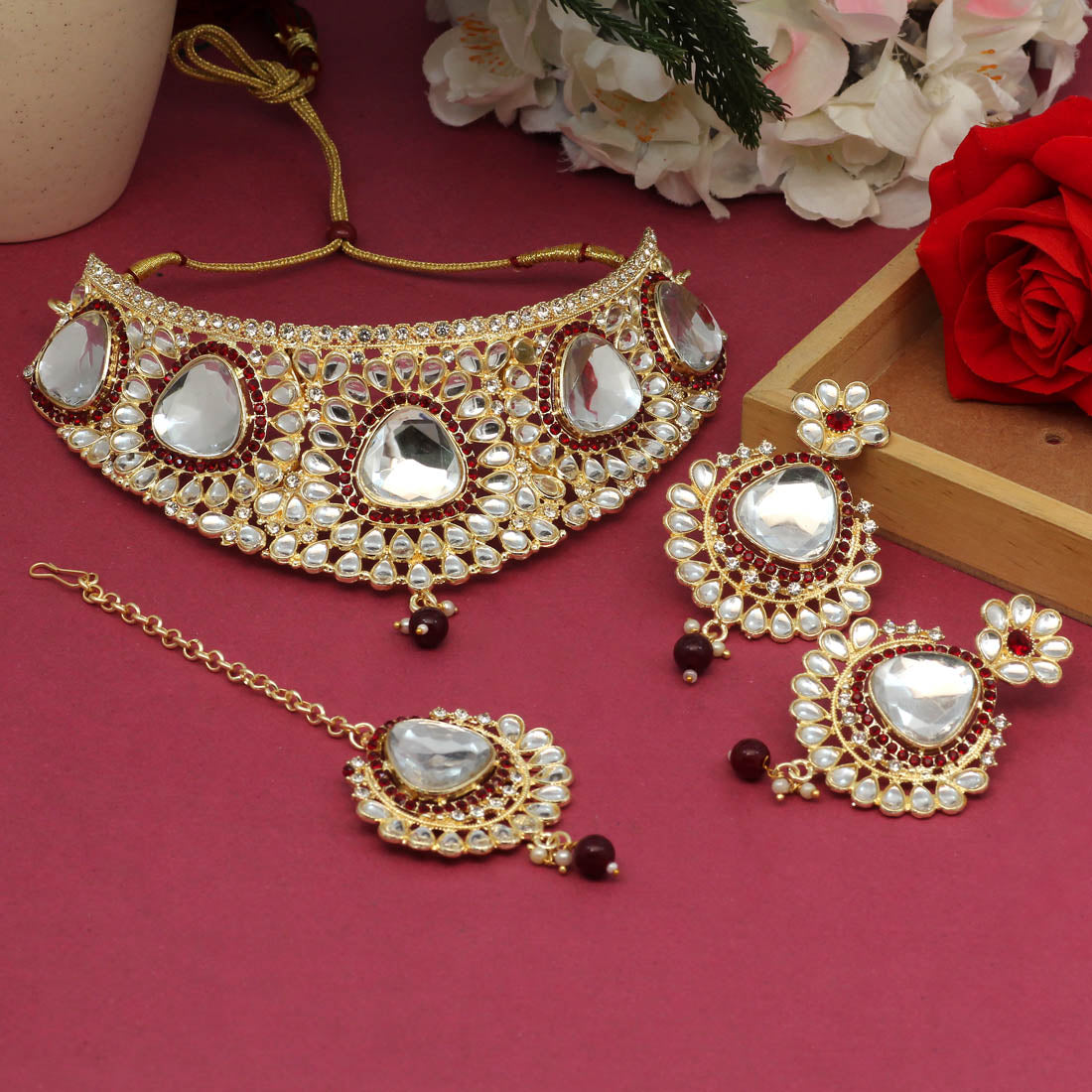 Maroon Color Choker Kundan Necklace Set (KN1125MRN)