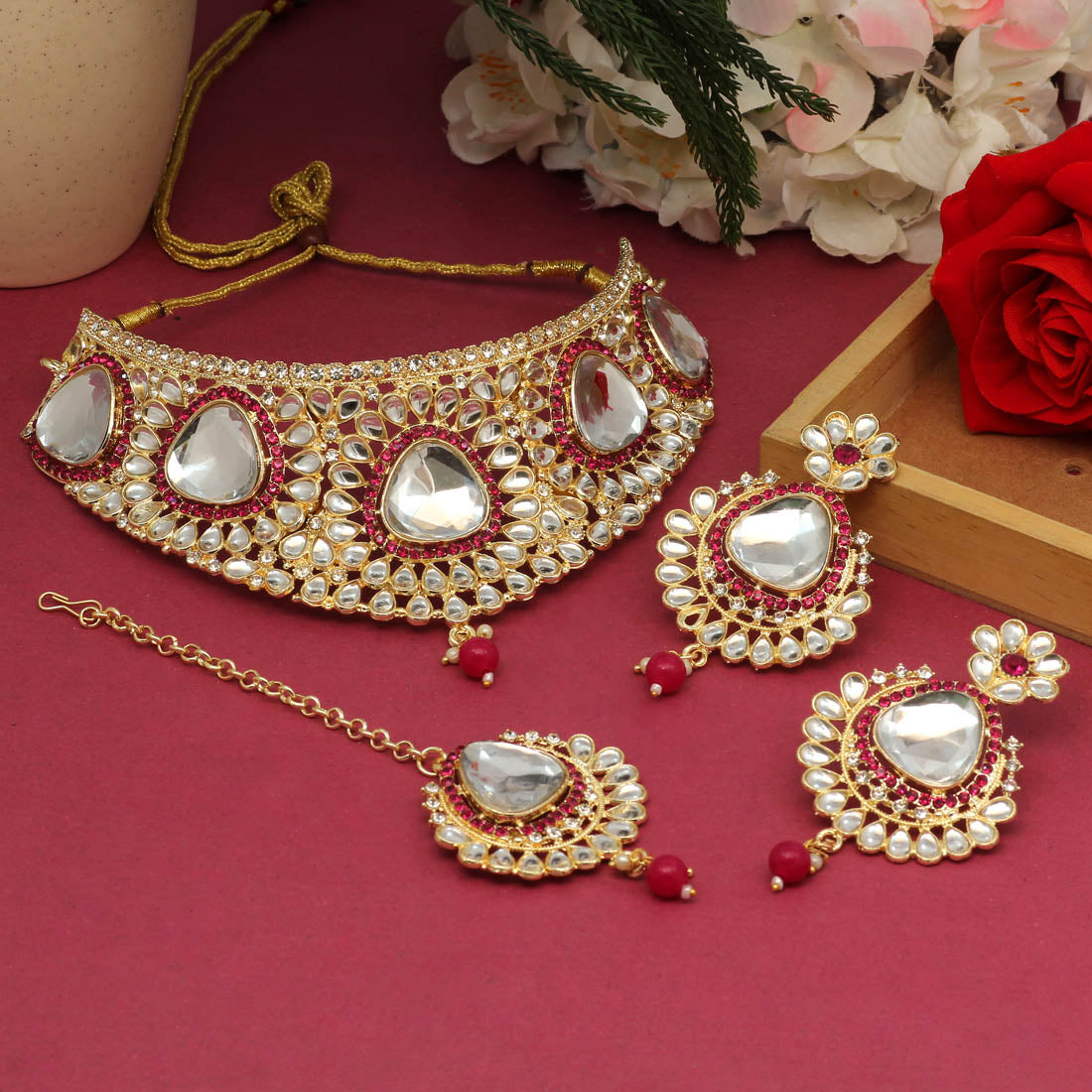 Rani Color Choker Kundan Necklace Set (KN1125RNI)