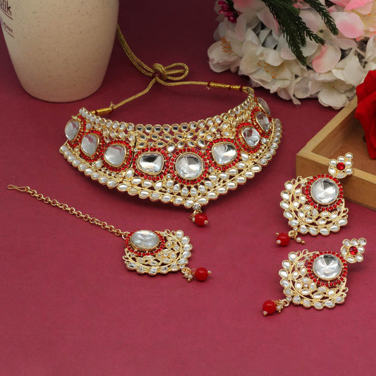 Red Color Choker Kundan Necklace Set (KN1126RED)
