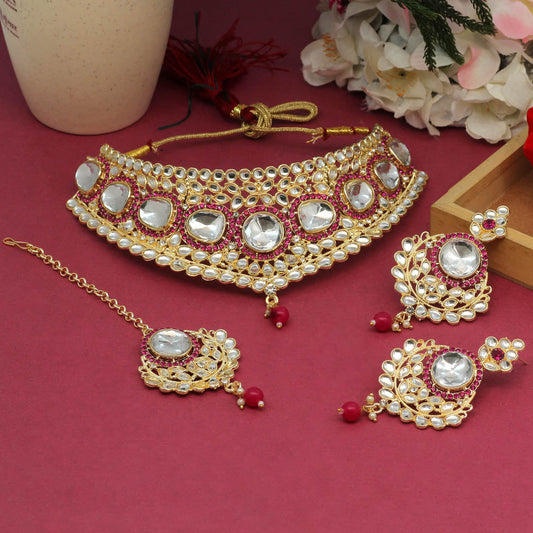 Rani Color Choker Kundan Necklace Set (KN1126RNI)
