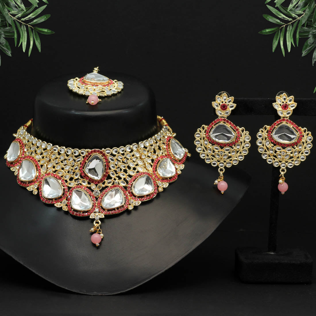 Pink Color Choker Kundan Necklace Set (KN1127PNK)