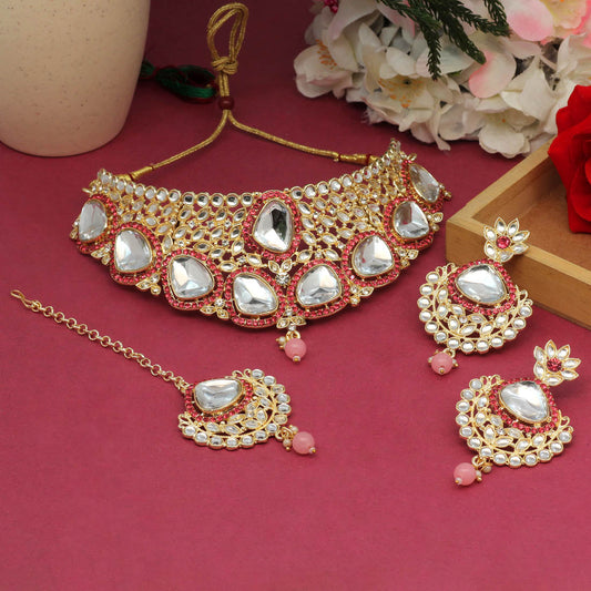 Pink Color Choker Kundan Necklace Set (KN1127PNK)