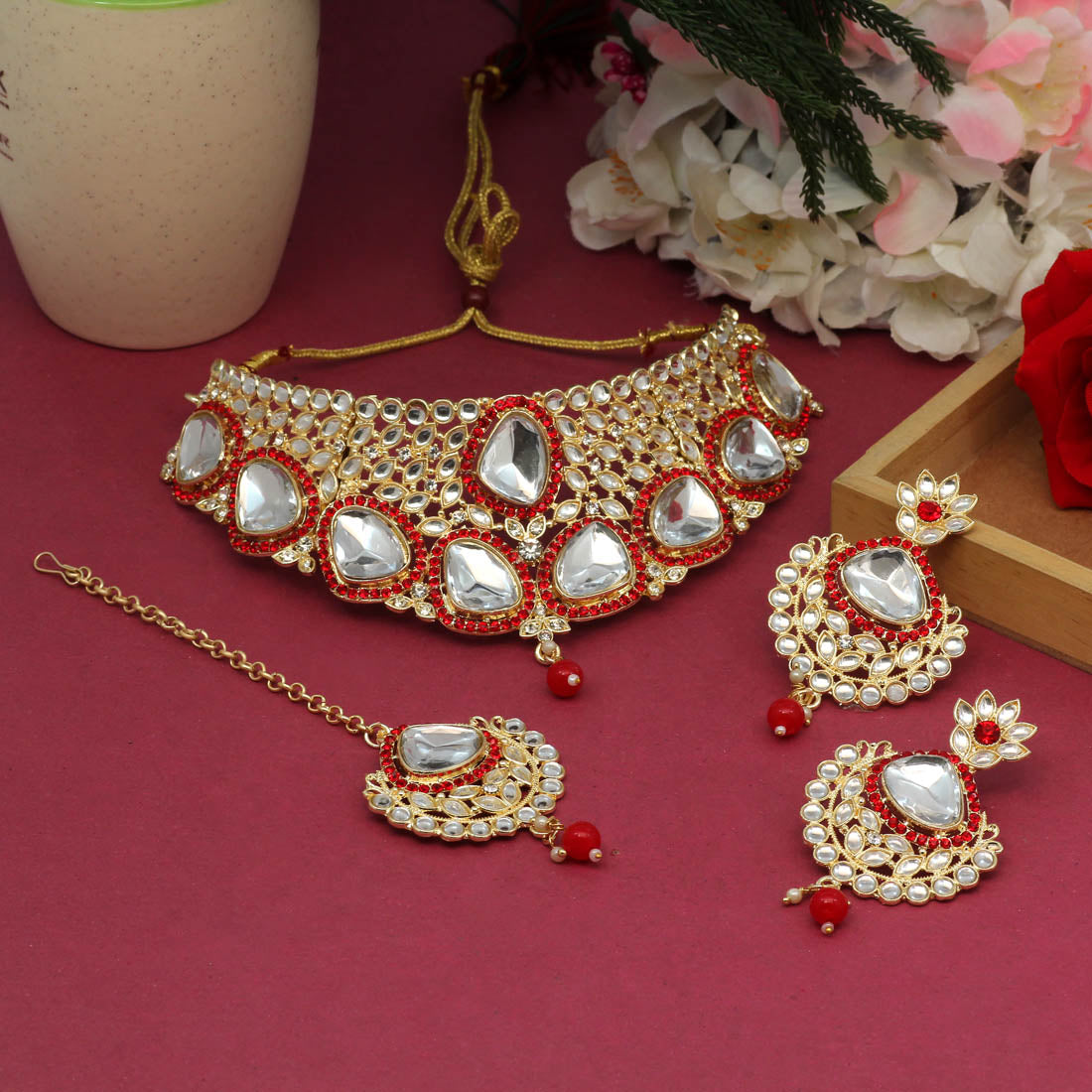 Red Color Choker Kundan Necklace Set (KN1127RED)