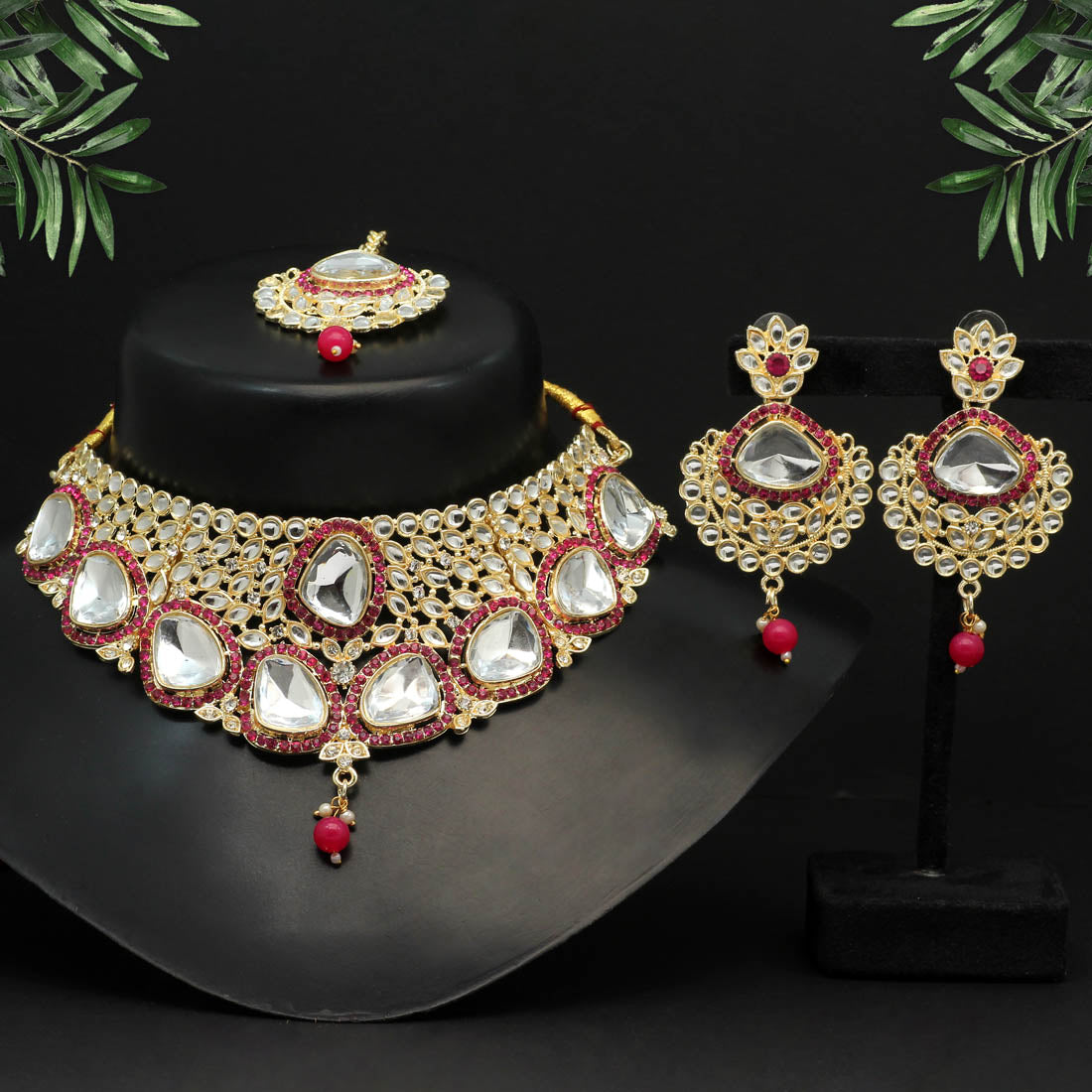 Rani Color Choker Kundan Necklace Set (KN1127RNI)