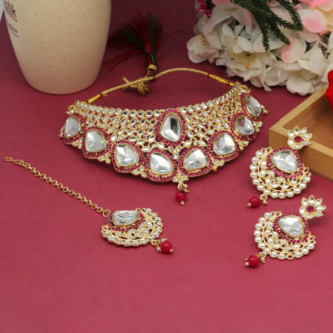 Rani Color Choker Kundan Necklace Set (KN1127RNI)