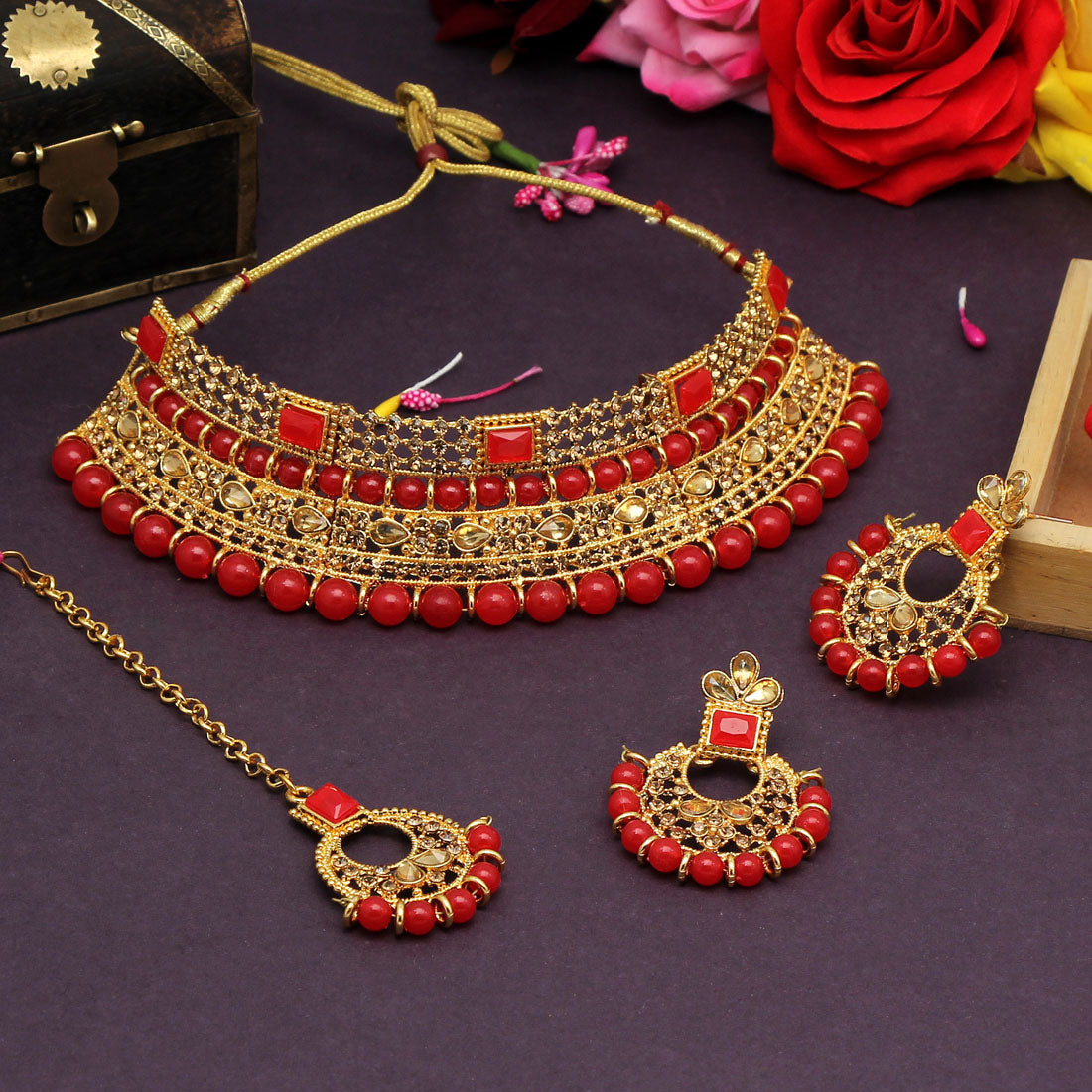Red Color Choker Kundan Necklace Set (KN1149RED)