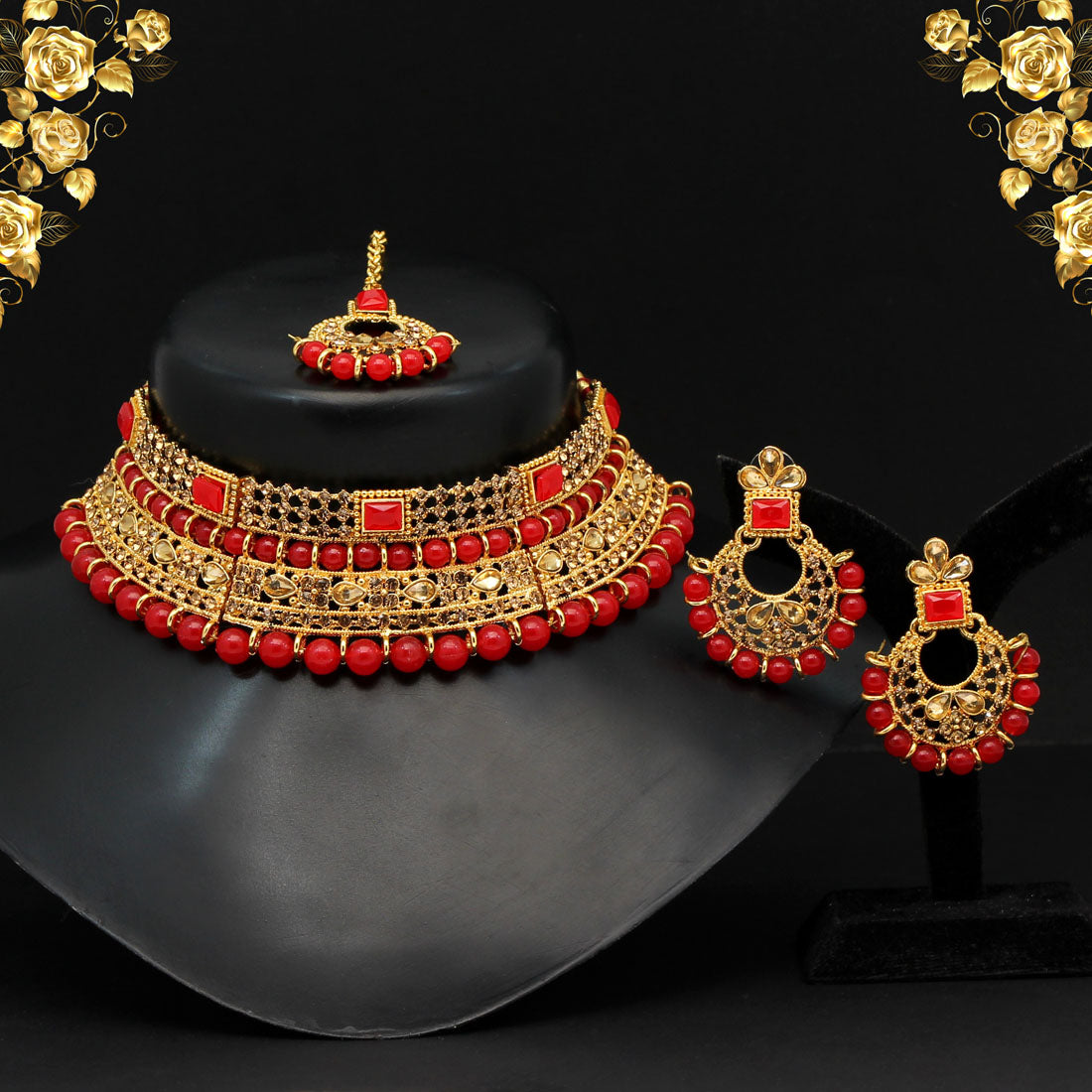 Red Color Choker Kundan Necklace Set (KN1149RED)