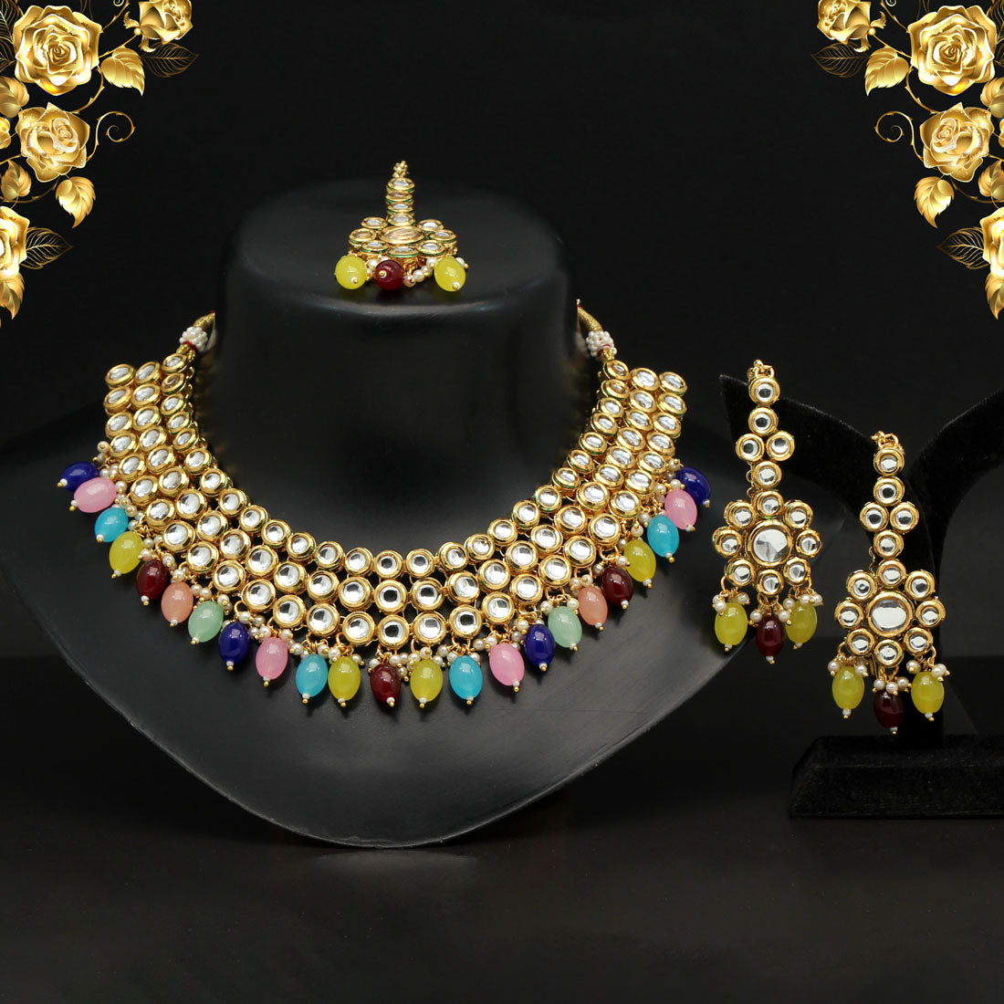 Multi Color (Back Side) Meena Work Choker Kundan Necklace Set (KN1180MLT)