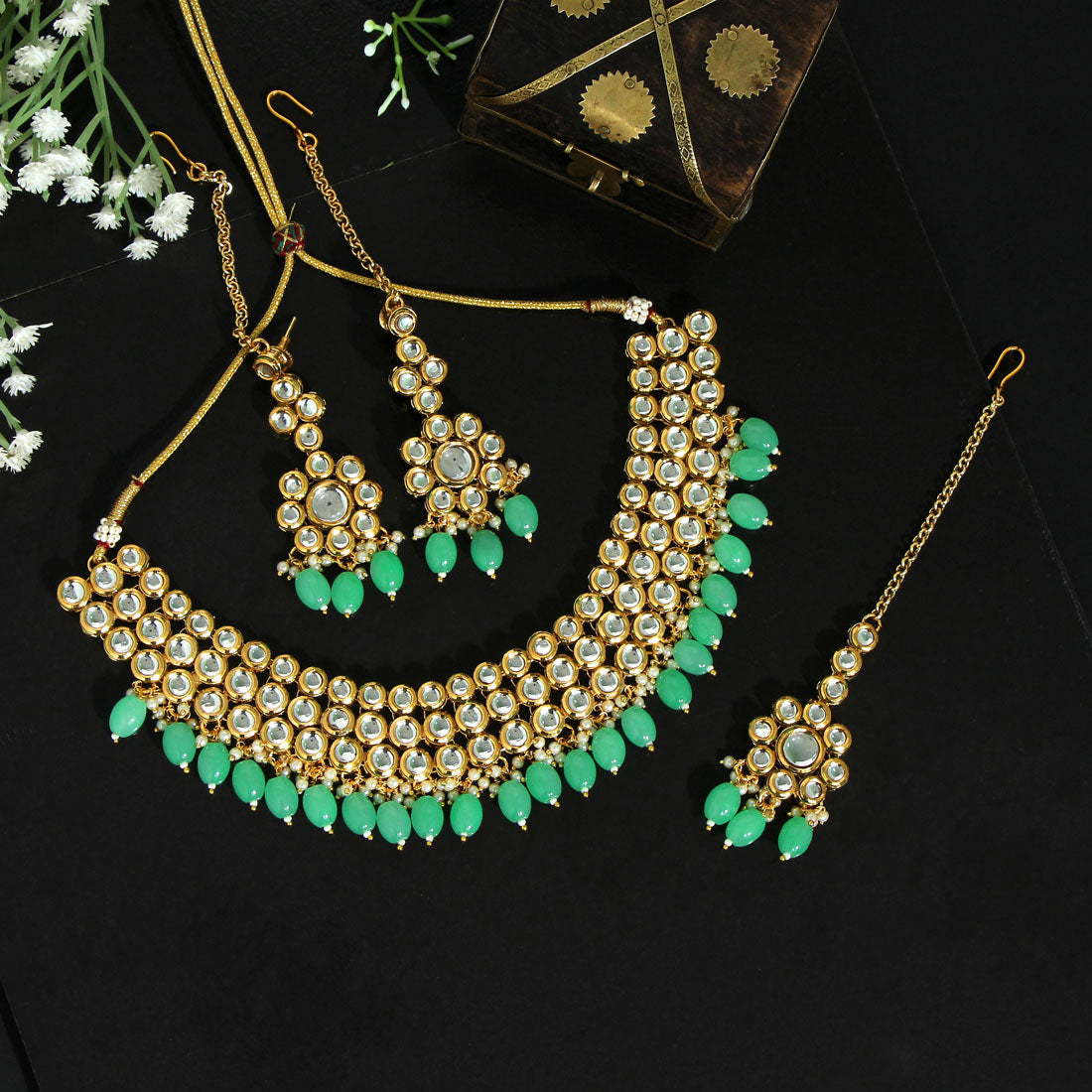 Parrot Green Color (Back Side) Meena Work Choker Kundan Necklace Set (KN1180PGRN)