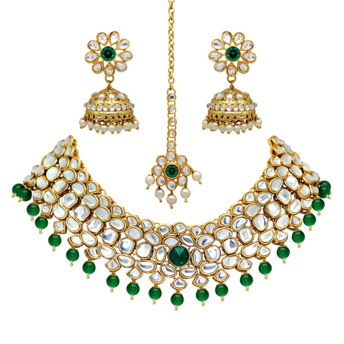 Green Color Imitation Pearl Kundan Necklace With Earring & Maang Tikka (KN130GRN)