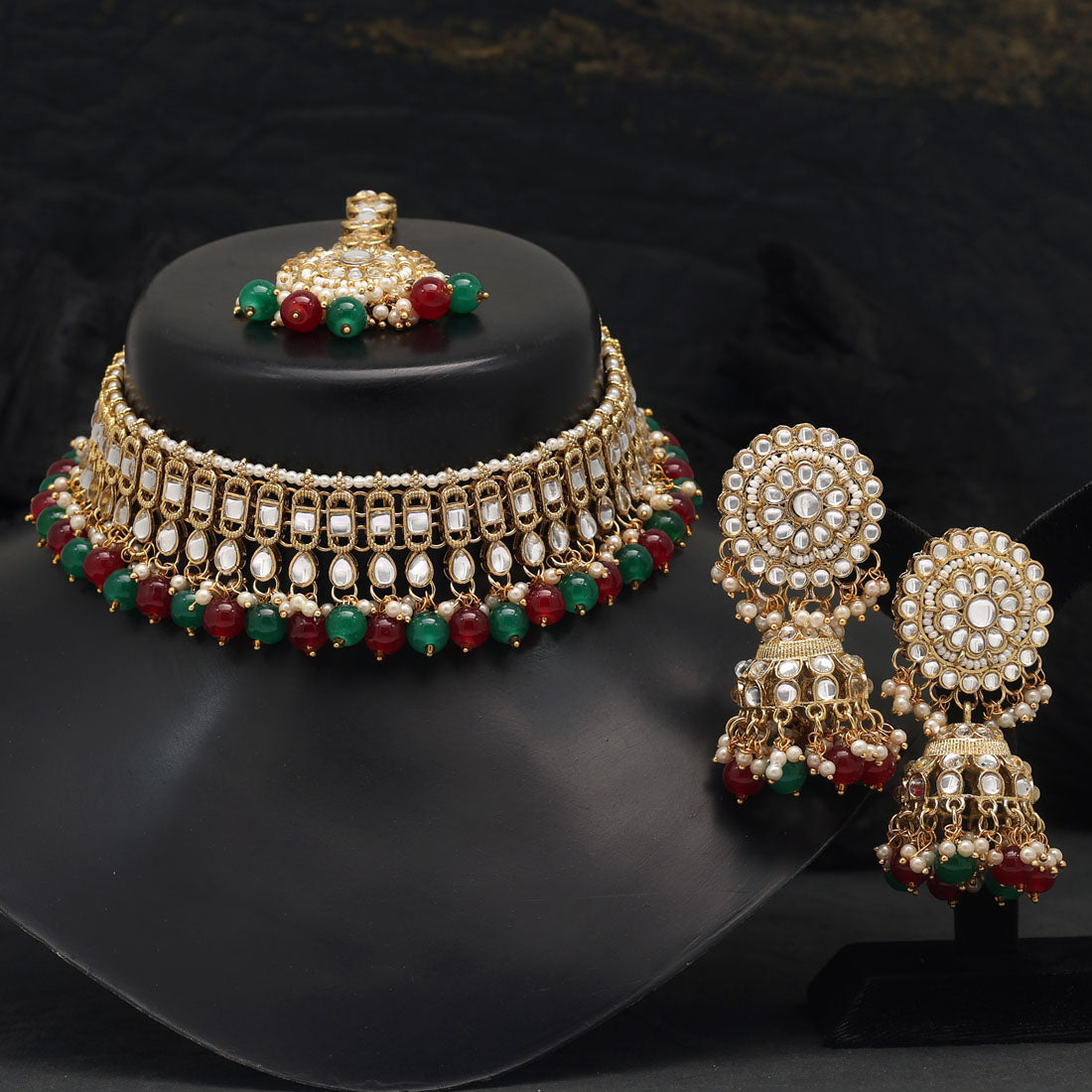 Maroon & Green Color Choker Kundan Necklace Set (KN1312MG)