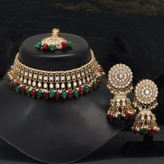 Maroon & Green Color Choker Kundan Necklace Set (KN1312MG)