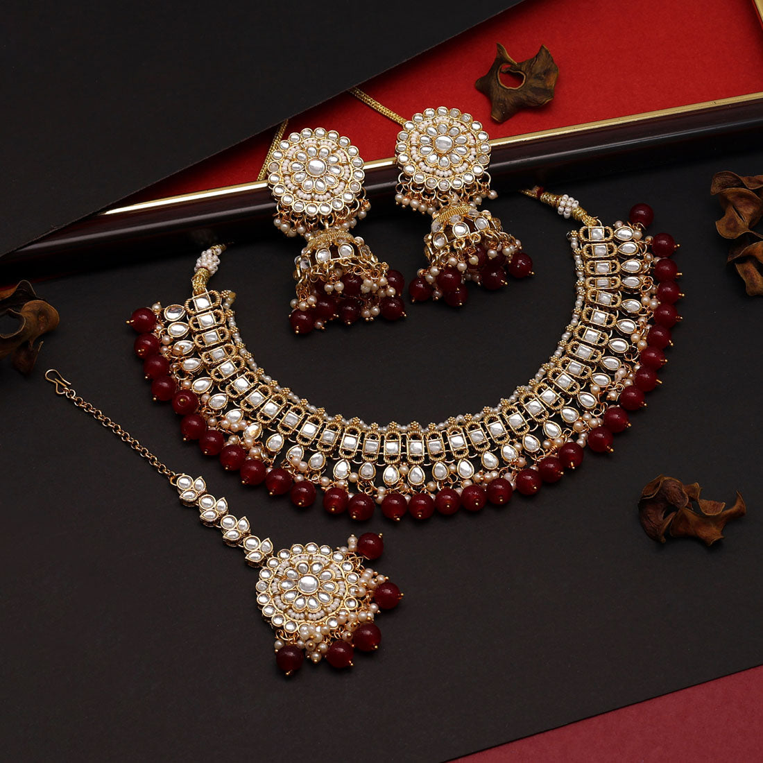 Maroon Color Choker Kundan Necklace Set (KN1312MRN)