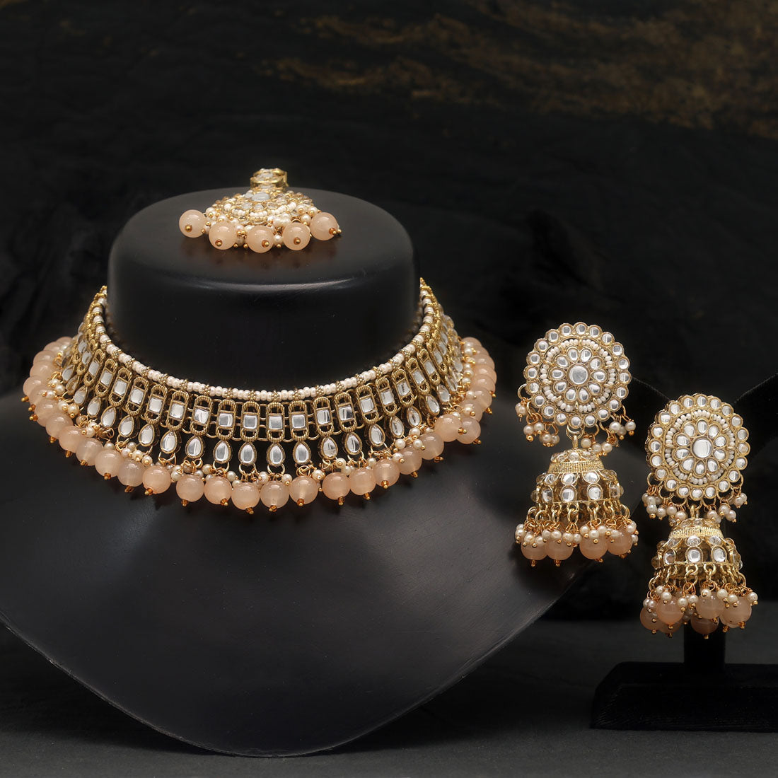 Peach Color Choker Kundan Necklace Set (KN1312PCH)