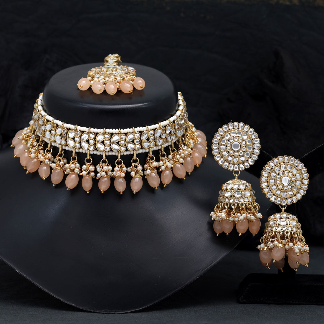 Peach Color Choker Kundan Necklace Set (KN1314PCH)