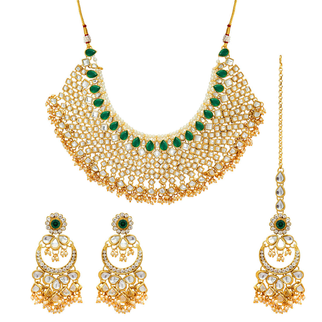 Green Color Kundan Necklace With Earring & Maang Tikka (KN131GRN)