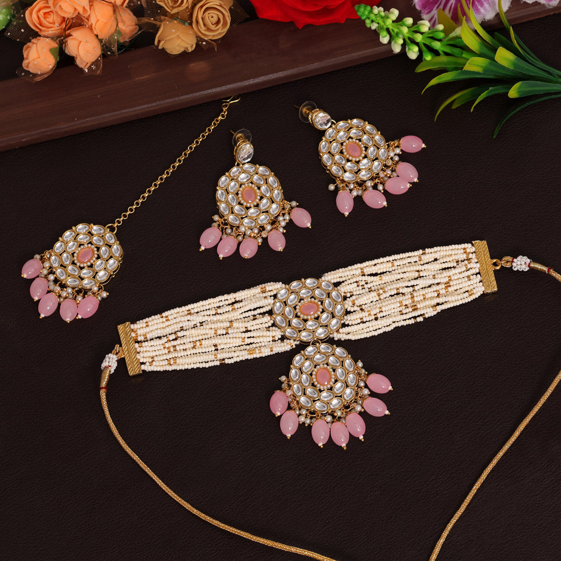 Pink Color Choker Kundan Necklace Set (KN1343PNK)