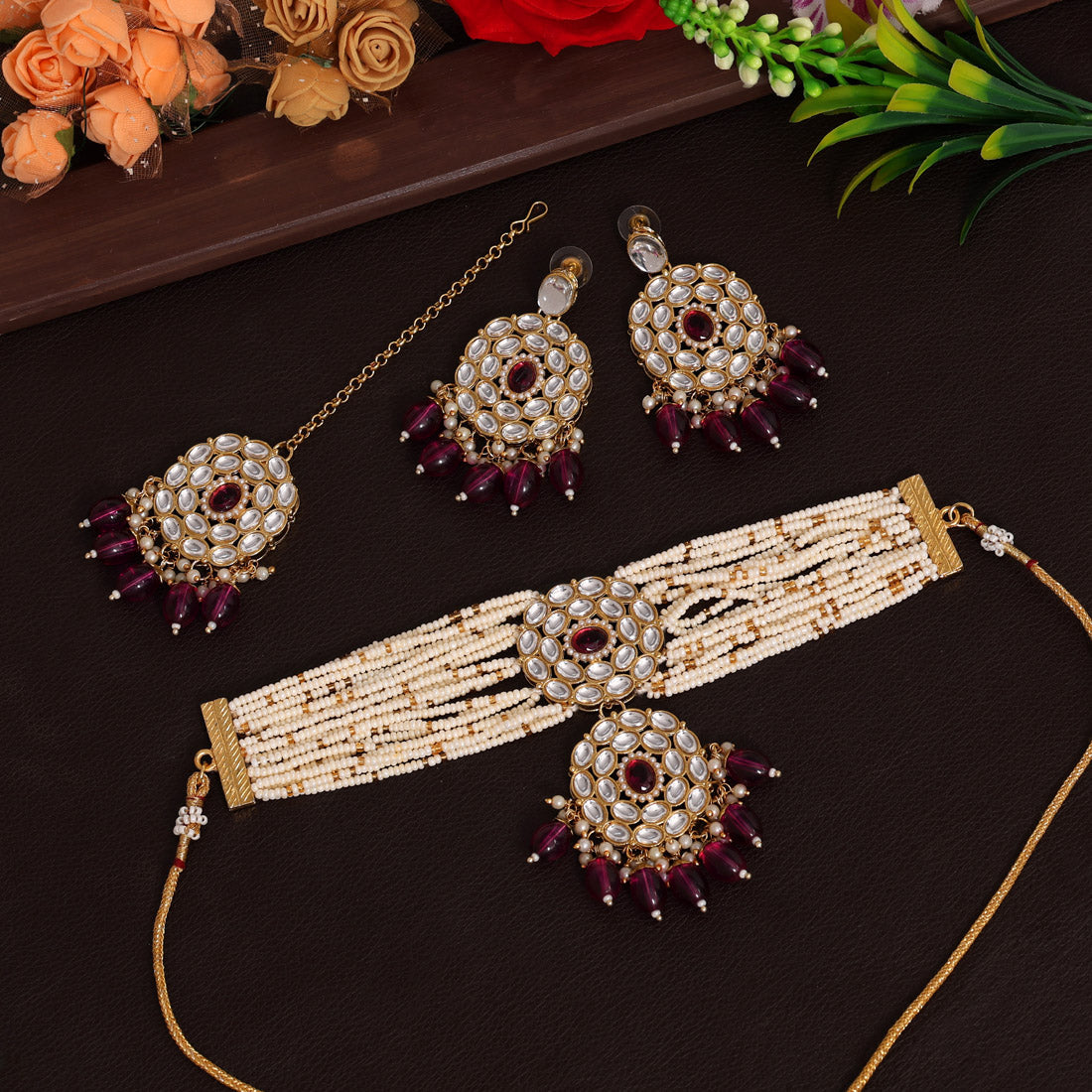 Purple Color Choker Kundan Necklace Set (KN1343PRP)