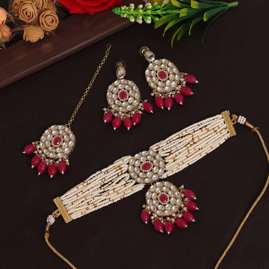 Rani Color Choker Kundan Necklace Set (KN1343RNI)