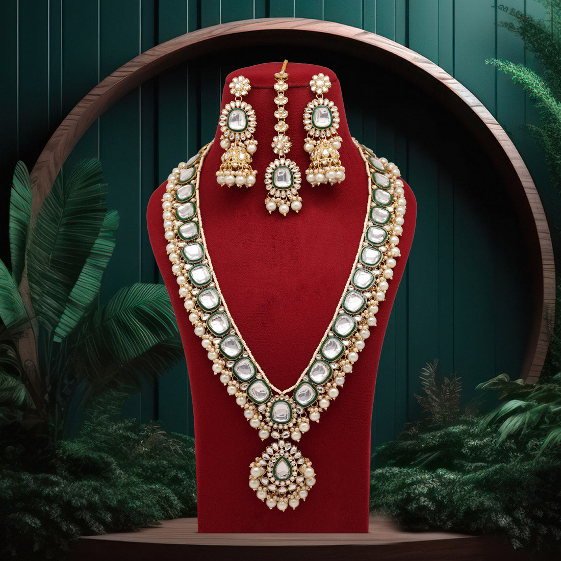 Green Color Long Kundan Necklace Set (KN1344GRN)