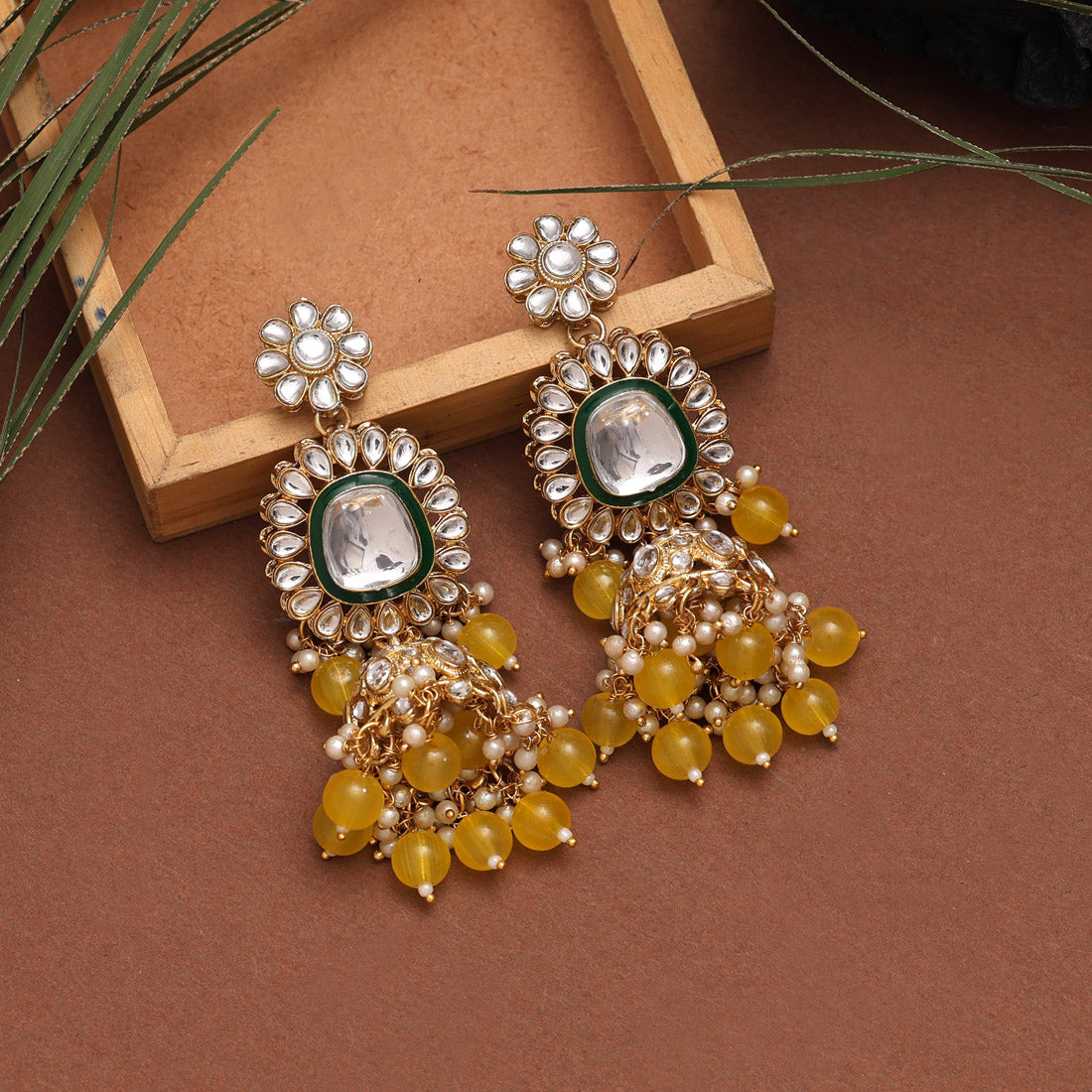 Yellow Color Long Kundan Necklace Set (KN1344YLW)