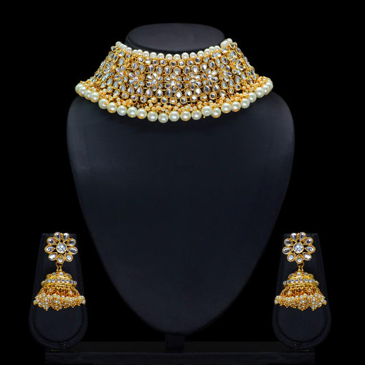 White Color Choker Kundan Necklace With Earring (KN136WHT)
