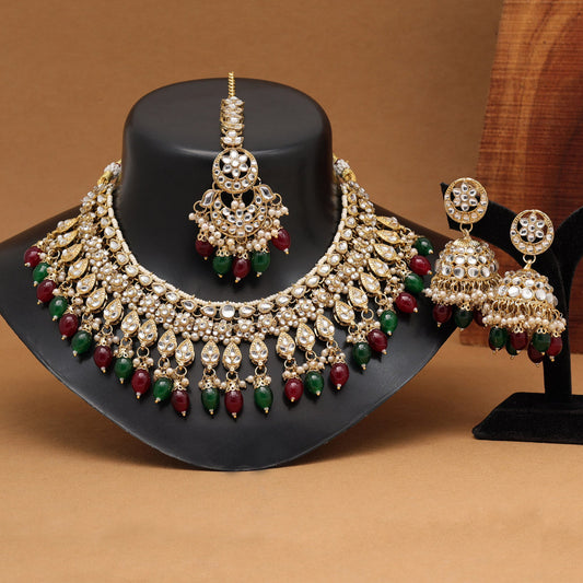 Maroon & Green Color Kundan Necklace Set (KN1375MG)