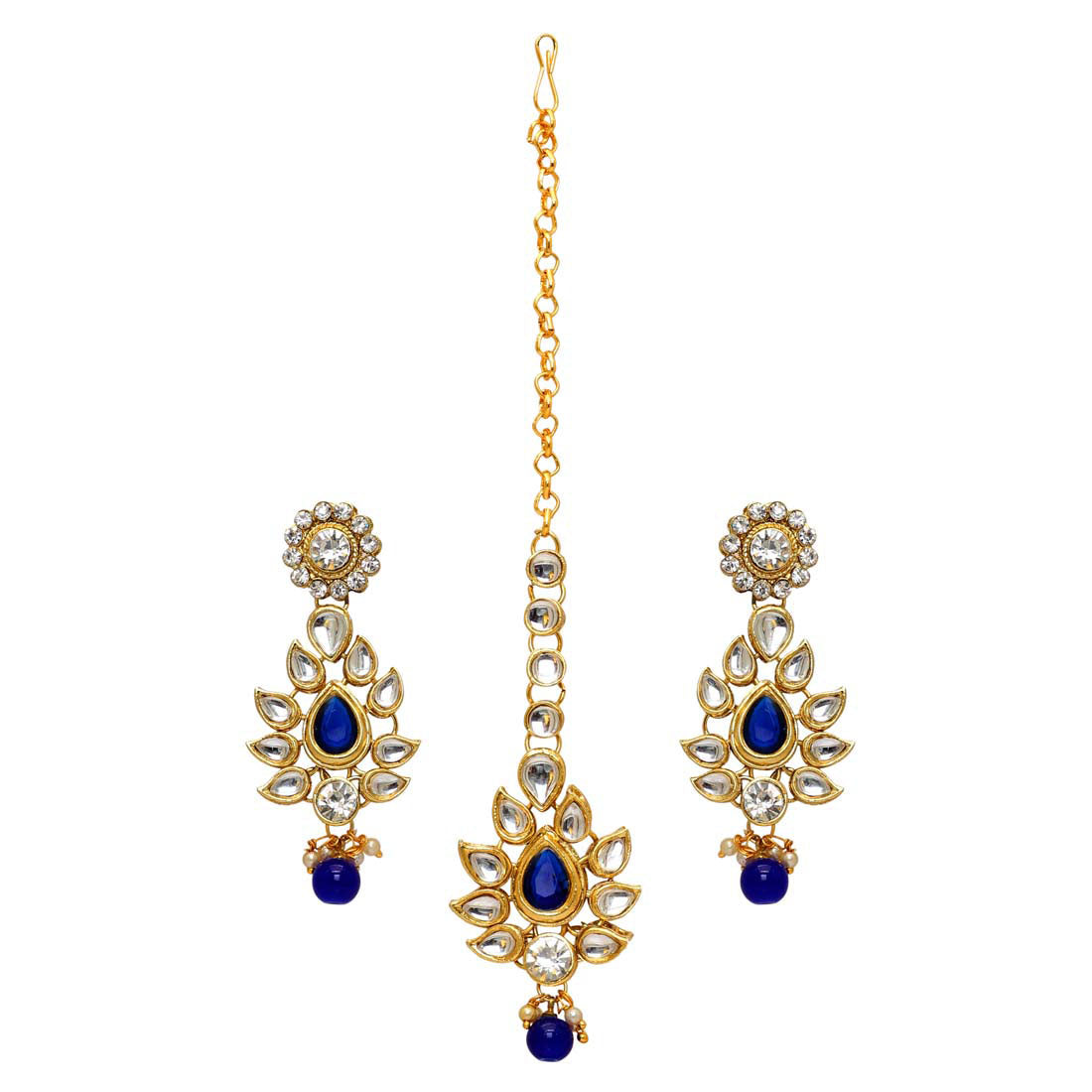 Blue Color Imitation Pearl & Kundan Necklace With Earrings & Maang Tikka (KN163BLU)