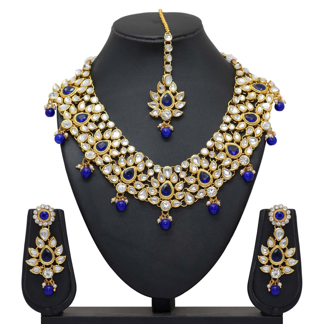 Blue Color Imitation Pearl & Kundan Necklace With Earrings & Maang Tikka (KN163BLU)