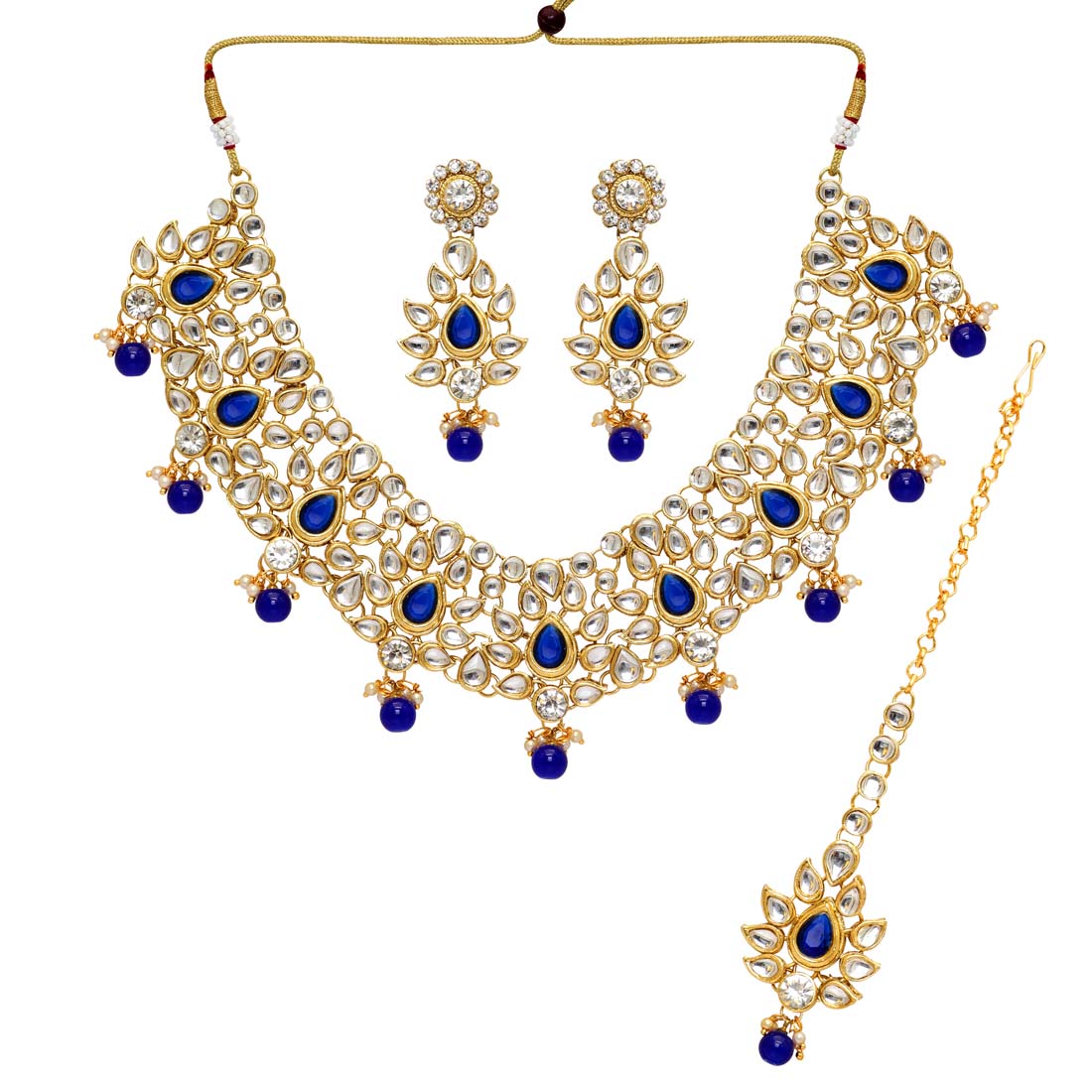 Blue Color Imitation Pearl & Kundan Necklace With Earrings & Maang Tikka (KN163BLU)