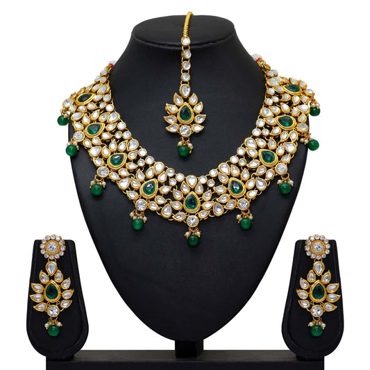Green Color Imitation Pearl & Kundan Necklace With Earrings & Maang Tikka (KN163GRN)